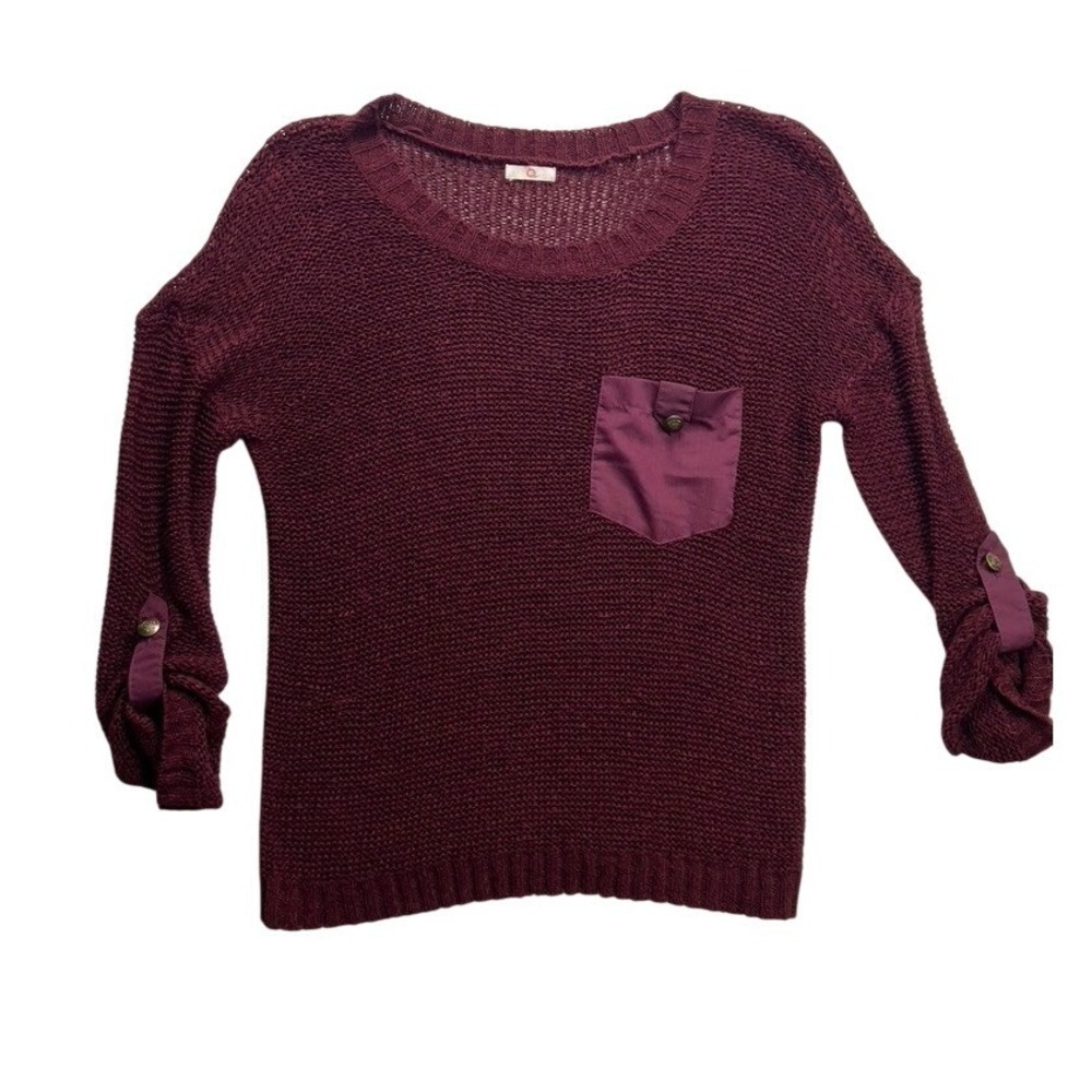 Q Women Burgundy Open Knit Scoop Neck Sweater Roll Tab Sleeve Minimalist Boho